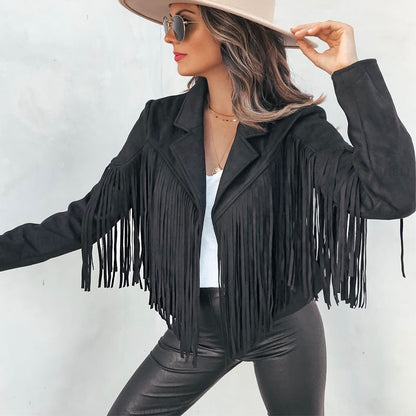 Dame Western Boho ruskindsjakke med frynser – Festivaljakke til mellemvejr til forår/efterår