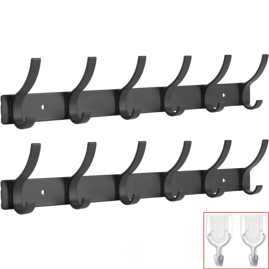 Wall-mounted Clothes Rack – Black Aluminum, Modern Design with 6 Hooks for Hallway, Bedroom, or Bathroom
