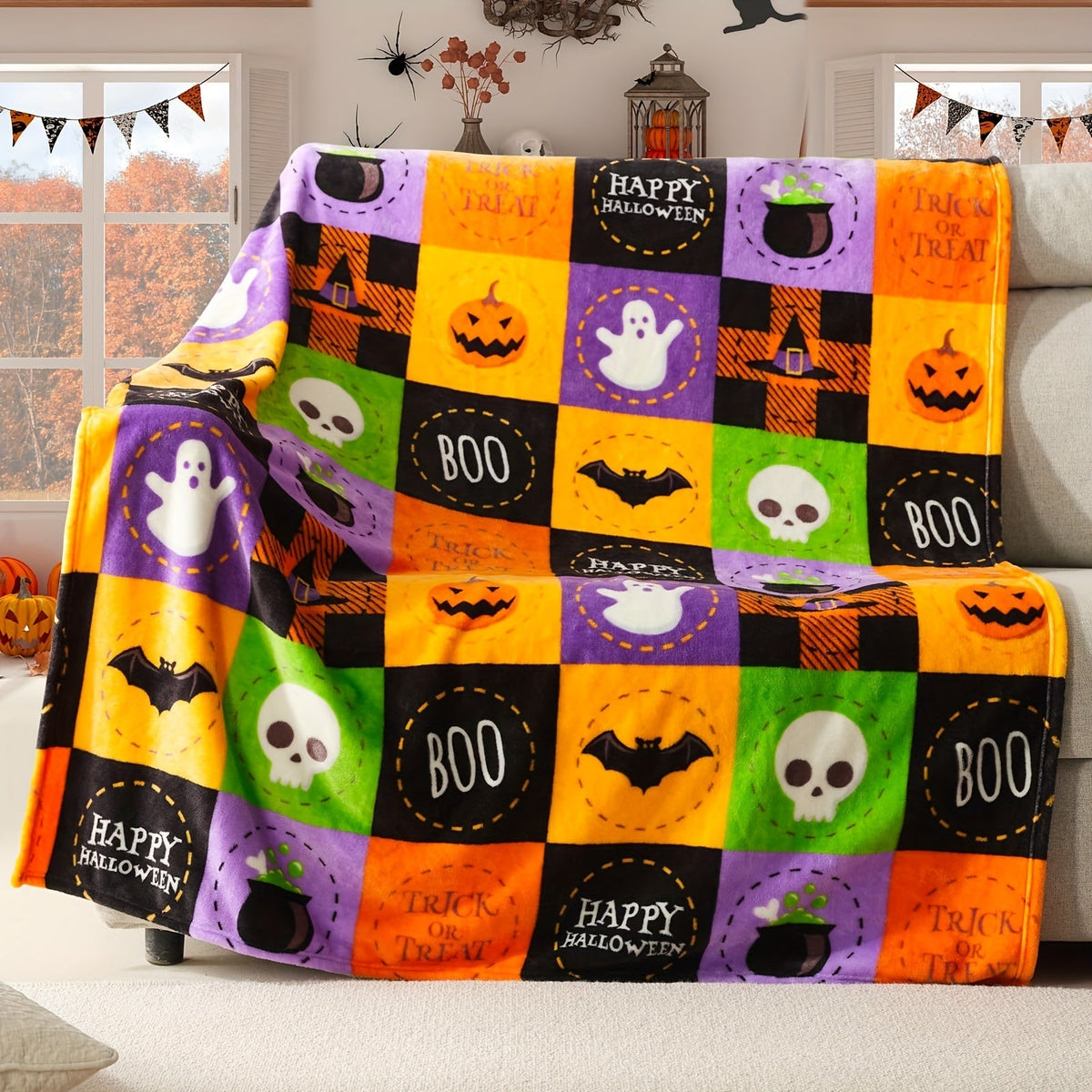 Halloween Fleece Plaid Blanket - Soft Flannel for Cozy Decor 0