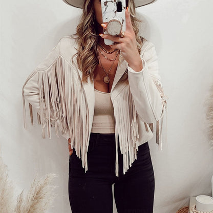 Dame Western Boho ruskindsjakke med frynser – Festivaljakke til mellemvejr til forår/efterår