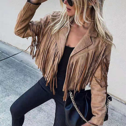 Dame Western Boho ruskindsjakke med frynser – Festivaljakke til mellemvejr til forår/efterår