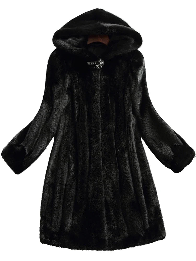 Dame Lang Faux Fur Frakke med Pelsforet Hætte