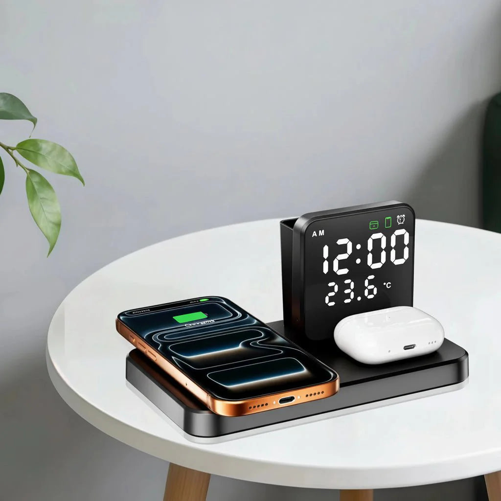 Wireless Charging Station – Black, Compact 3-in-1 Design for Smartphone, Smartwatch, and Headphones