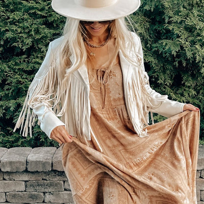 Dame Western Boho ruskindsjakke med frynser – Festivaljakke til mellemvejr til forår/efterår