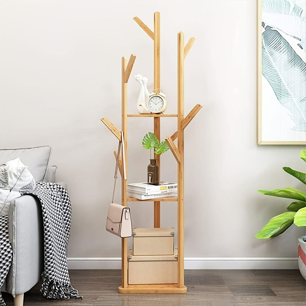 Bamboo Clothes Rack – Freestanding, elegant design with 9 hooks and 3 shelves for hallway or living room