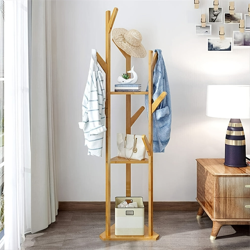 Bamboo Clothes Rack – Freestanding, elegant design with 9 hooks and 3 shelves for hallway or living room