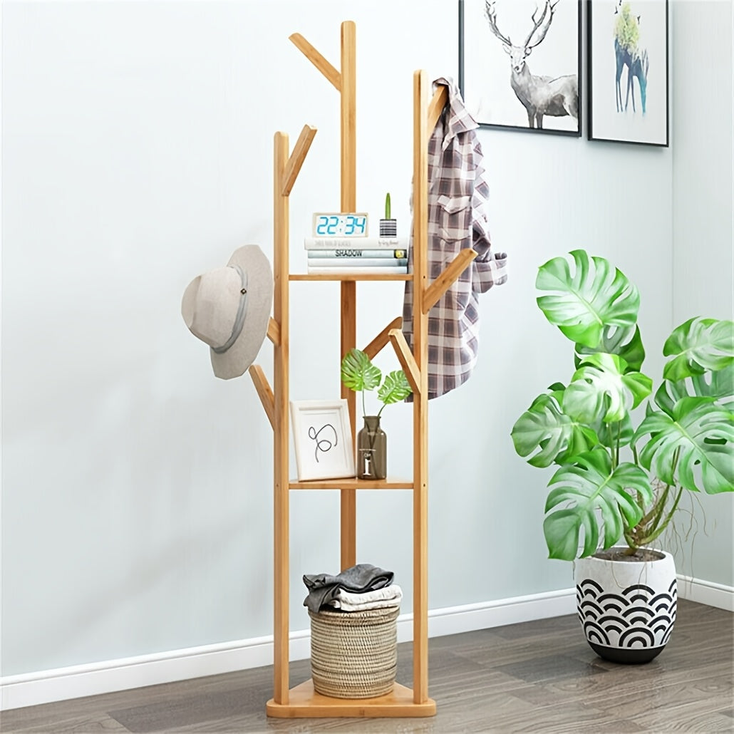 Bamboo Clothes Rack – Freestanding, elegant design with 9 hooks and 3 shelves for hallway or living room
