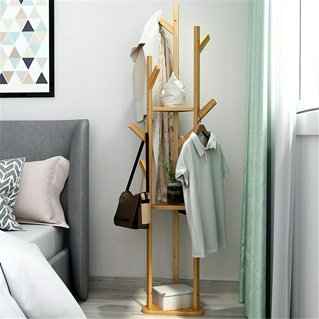 Bamboo Clothes Rack – Freestanding, elegant design with 9 hooks and 3 shelves for hallway or living room