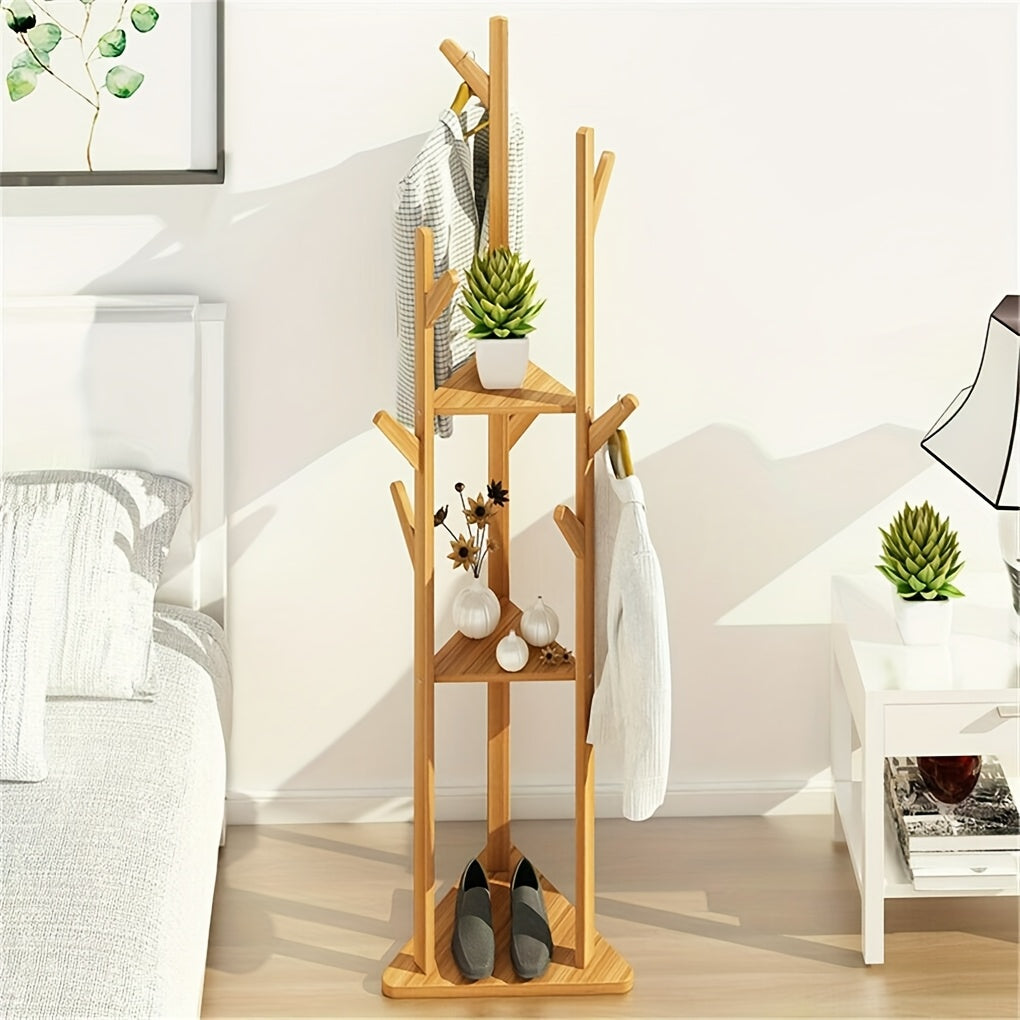 Bamboo Clothes Rack – Elegant, Freestanding with 9 Hooks and 3 Shelves for Hallway or Living Room