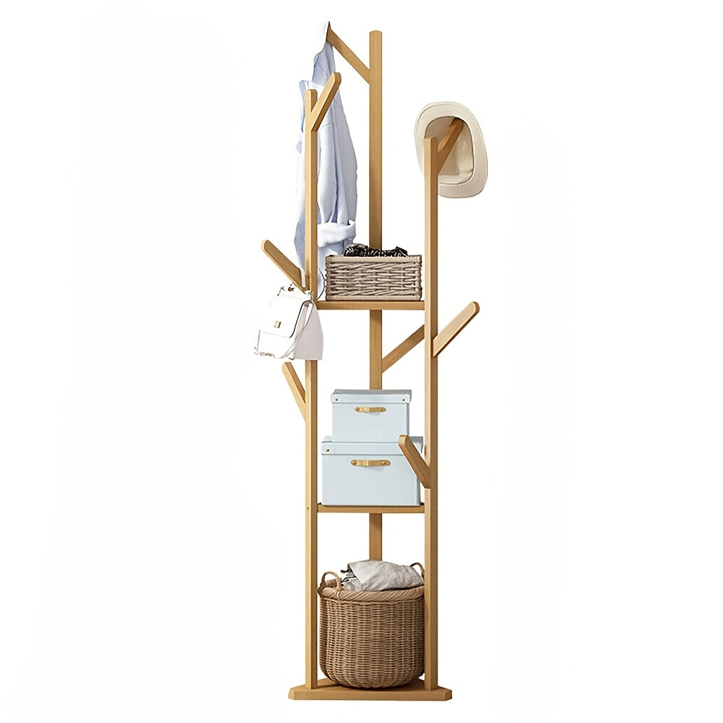 Bamboo Clothes Rack – Elegant, Freestanding with 9 Hooks and 3 Shelves for Hallway or Living Room