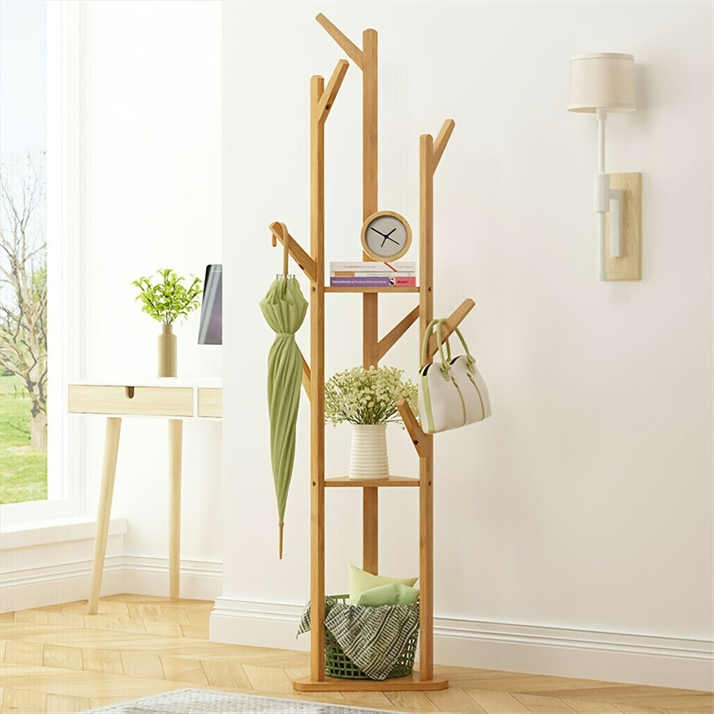 Bamboo Clothes Rack – Elegant, Freestanding with 9 Hooks and 3 Shelves for Hallway or Living Room