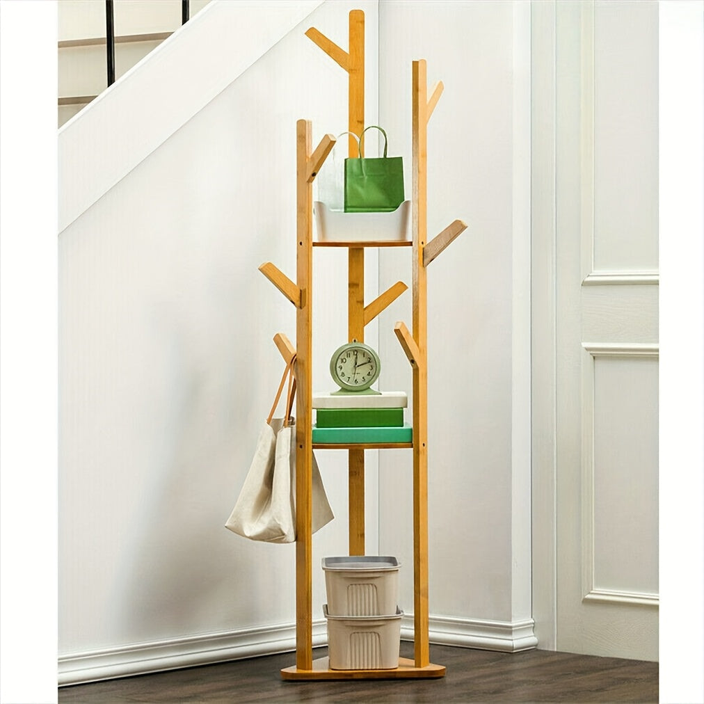 Bamboo Clothes Rack – Elegant, Freestanding with 9 Hooks and 3 Shelves for Hallway or Living Room