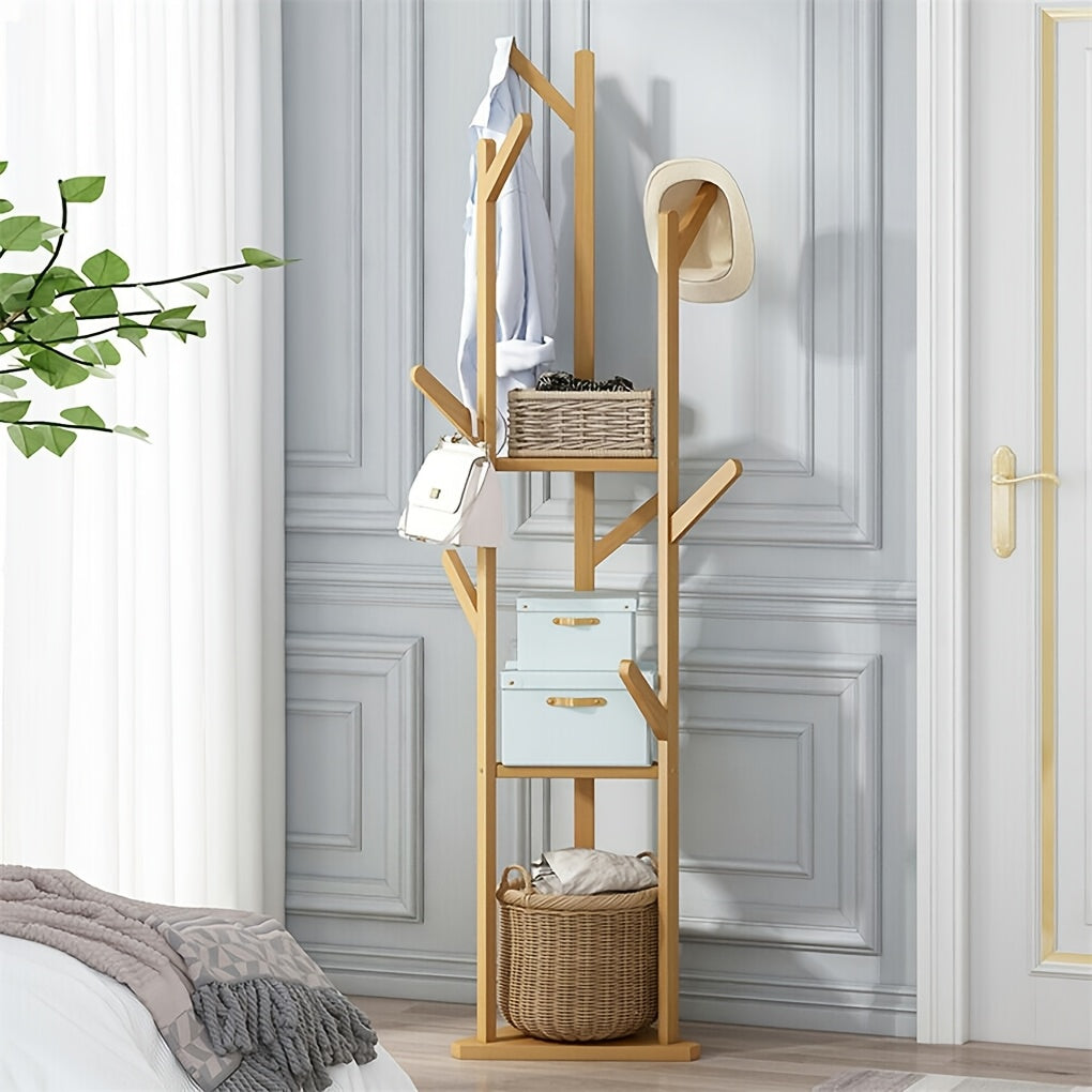Bamboo Clothes Rack – Freestanding, elegant design with 9 hooks and 3 shelves for hallway or living room