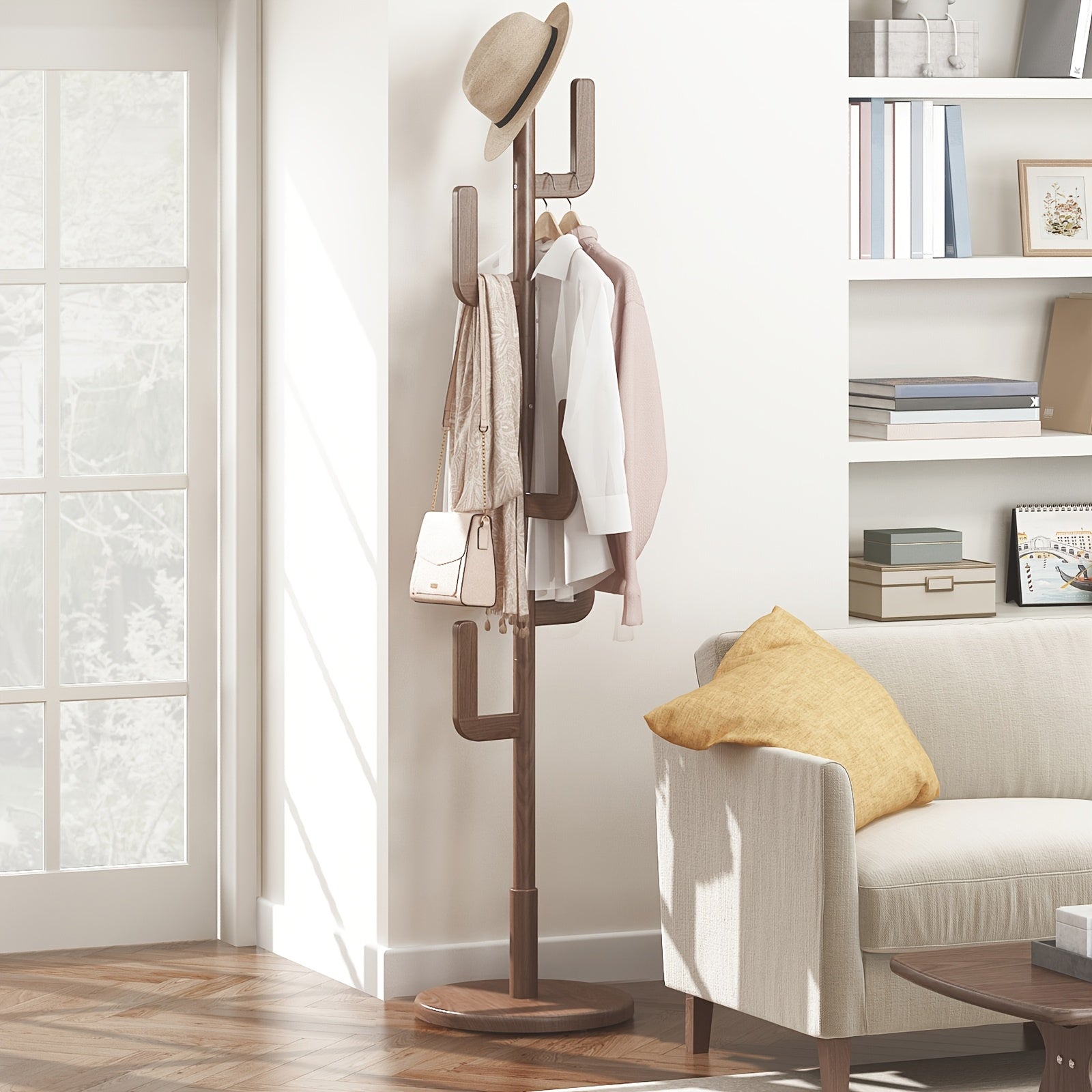 Cactus Clothes Rack – Wood, modern cactus design with adjustable height for hallway or bedroom