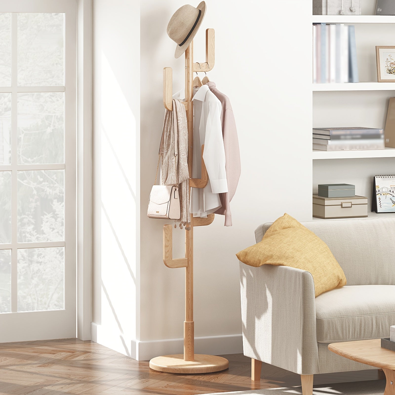 Cactus Clothes Rack – Wood, modern cactus design with adjustable height for hallway or bedroom