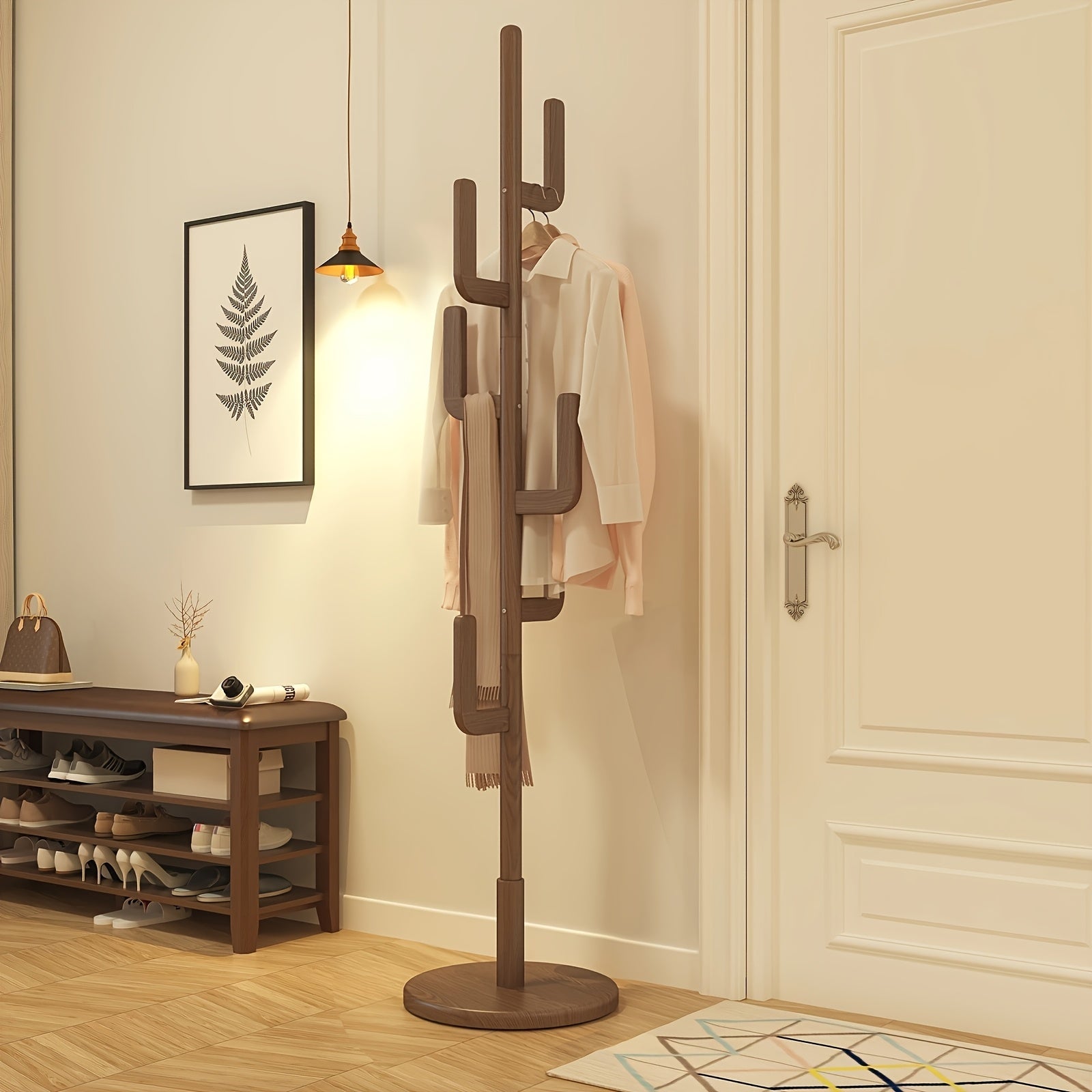 Cactus Clothes Rack – Wood, modern cactus design with adjustable height for hallway or bedroom