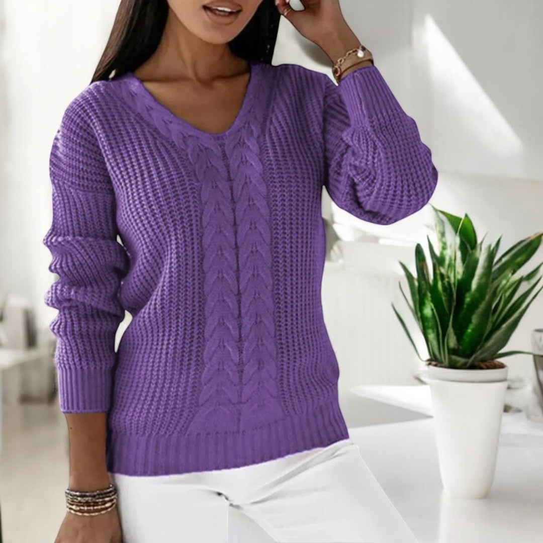 Dame Sweater med V-udskæring og Kabelstrik