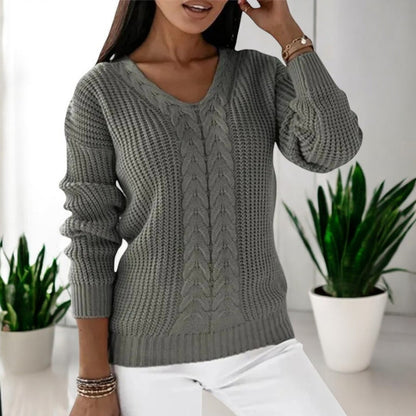 Dame Sweater med V-udskæring og Kabelstrik
