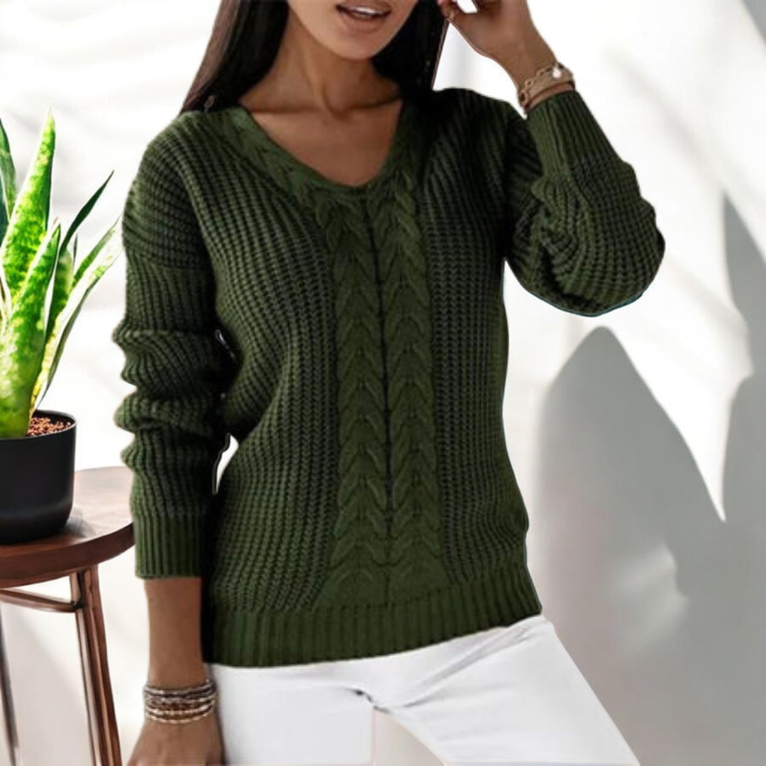 Dame Sweater med V-udskæring og Kabelstrik