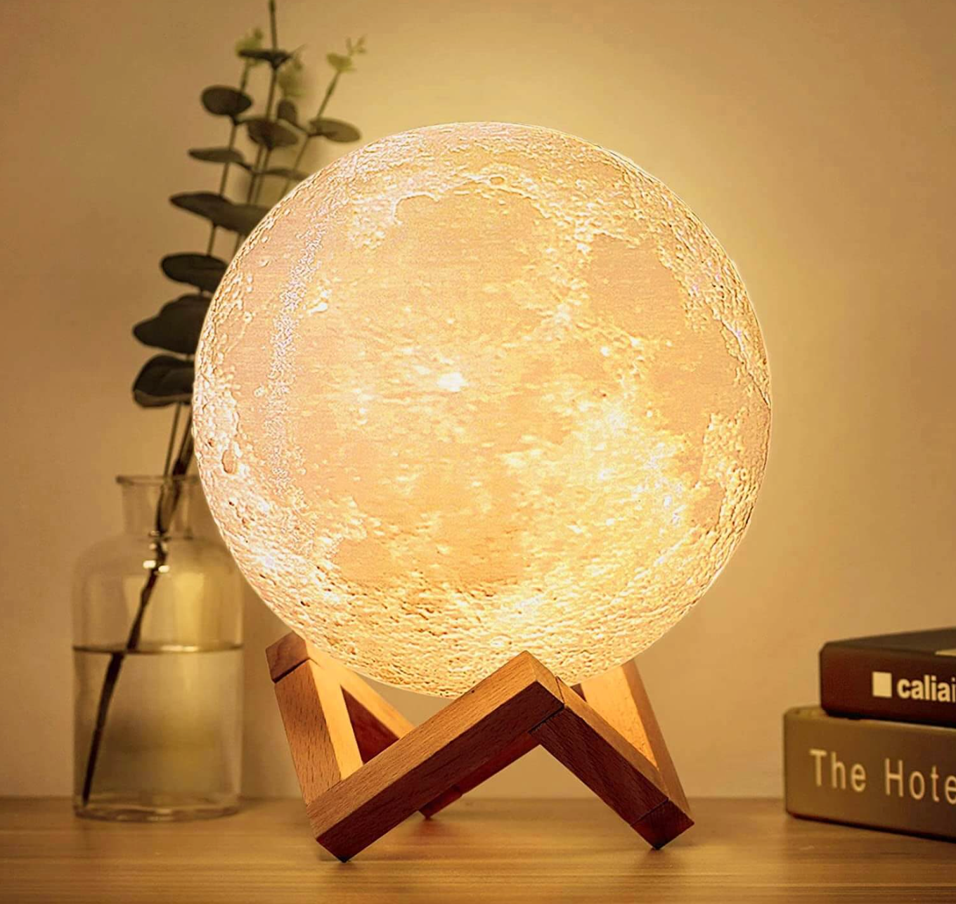 LED Moon Lamp – Wireless, Dimmable with 16 Colors and Wooden Stand for Bedroom or Living Room Decoration