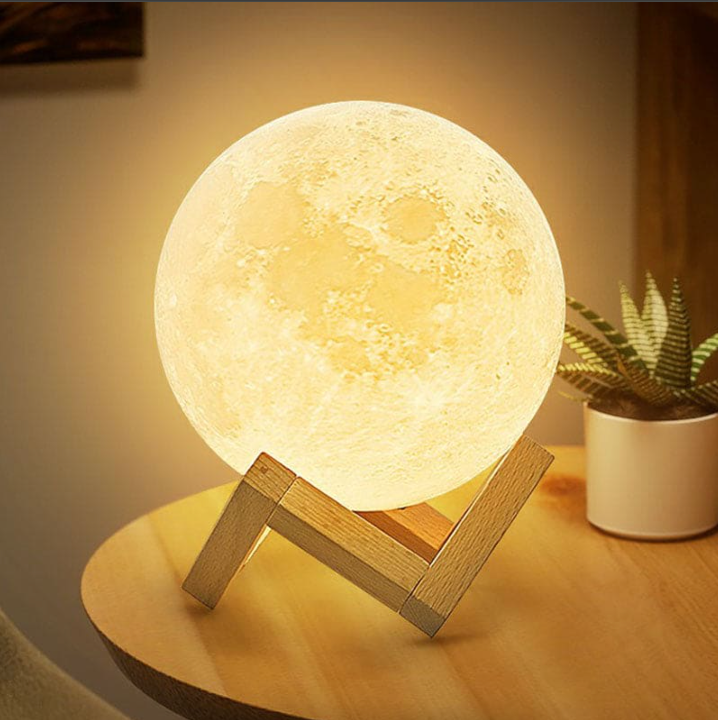 LED Moon Lamp – Wireless, Dimmable with 16 Colors and Wooden Stand for Bedroom or Living Room Decoration
