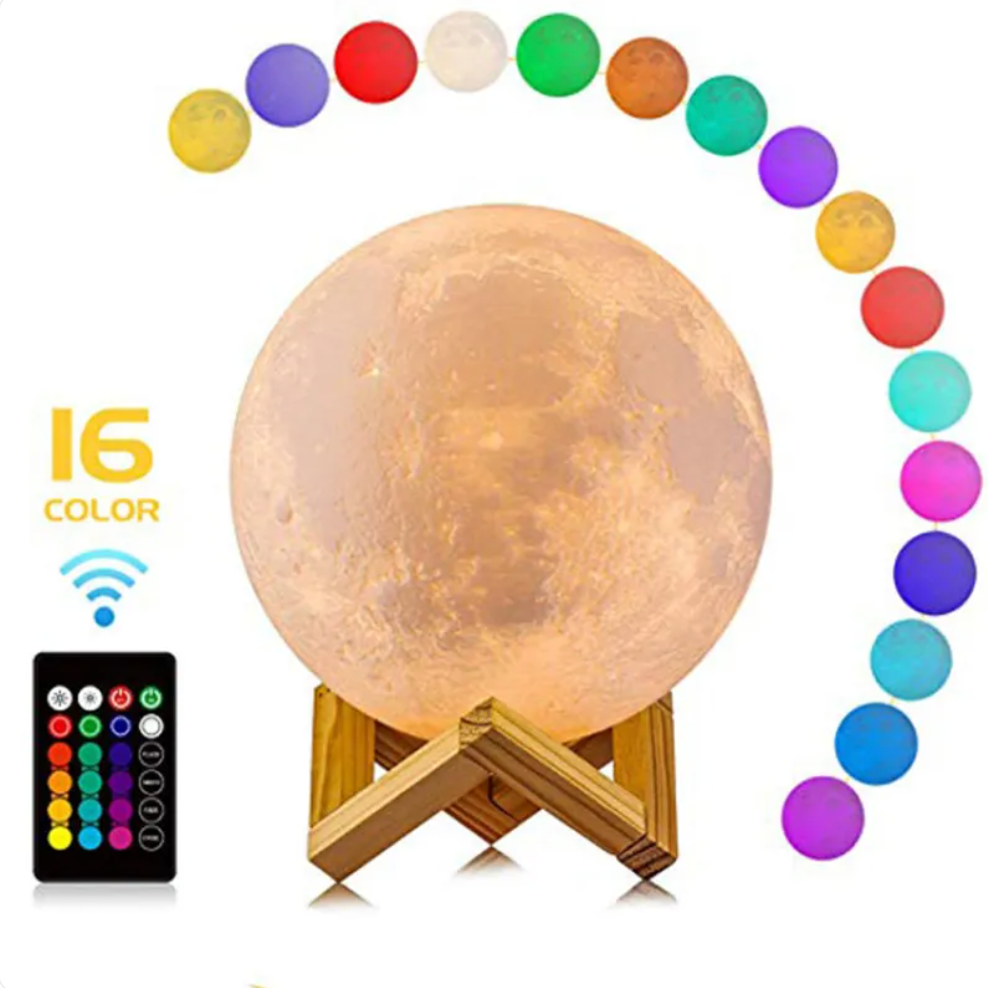 LED Moon Lamp – Wireless, Dimmable with 16 Colors and Wooden Stand for Bedroom or Living Room Decoration