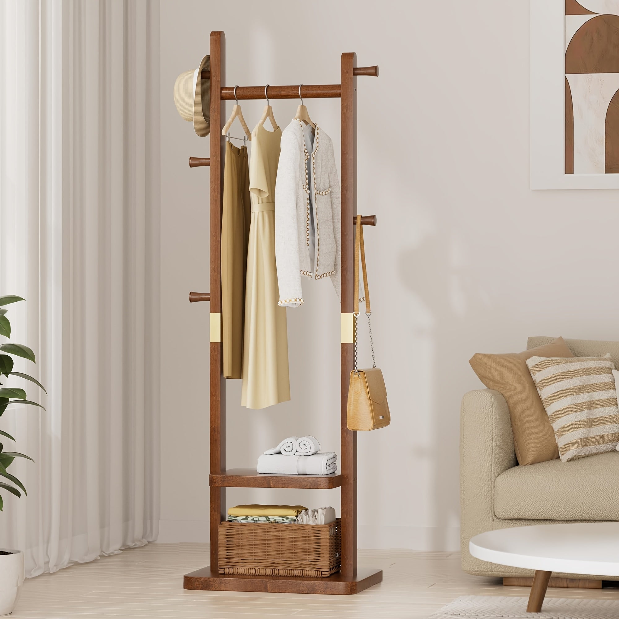 Solid wood clothes rack – Rubber pull-out shelf with wheels, storage shelf and shelves for hallway or bedroom