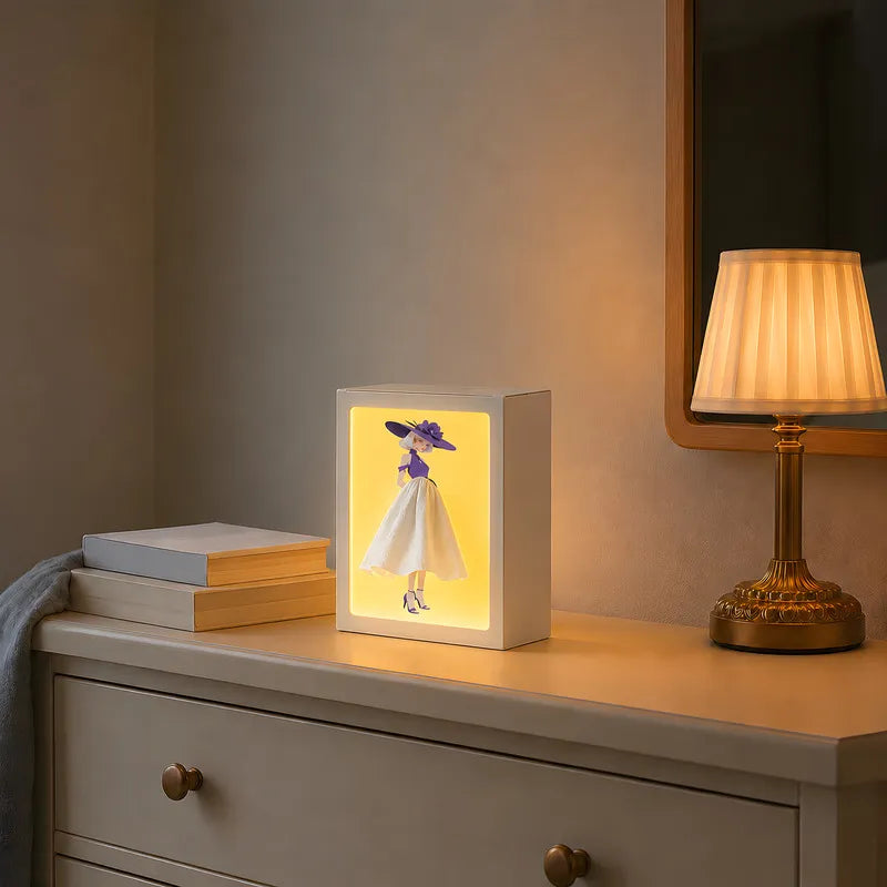 Caja para pañuelos – Blanca, con una elegante ilustración e iluminación ambiental, ideal para el salón o el dormitorio