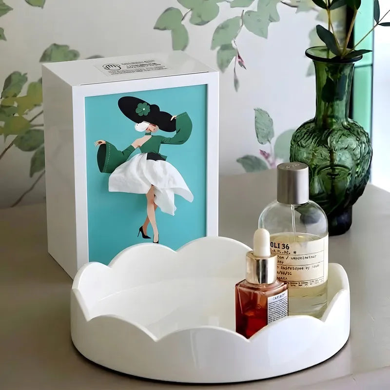 Caja para pañuelos – Blanca, con una elegante ilustración e iluminación ambiental, ideal para el salón o el dormitorio