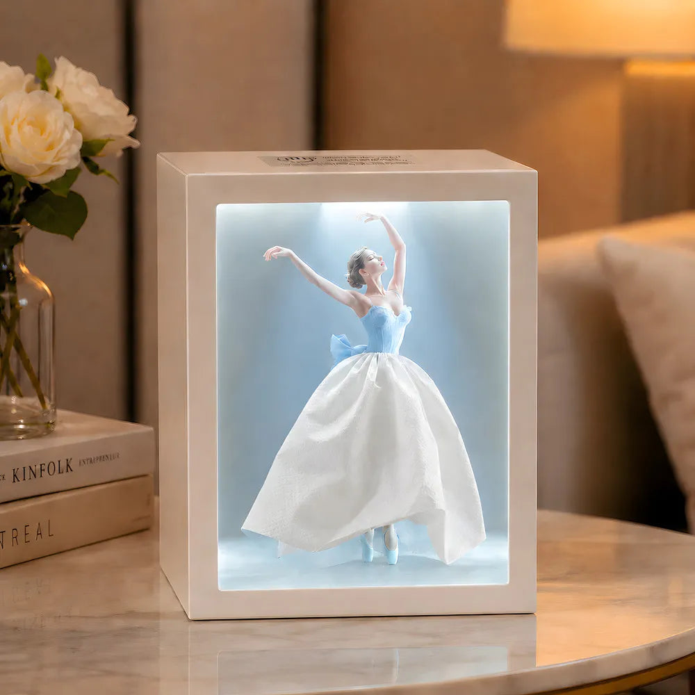 Caja para pañuelos – Blanca, con una elegante ilustración e iluminación ambiental, ideal para el salón o el dormitorio