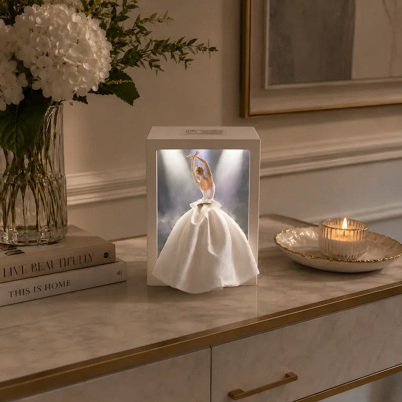 Caja para pañuelos – Blanca, con una elegante ilustración e iluminación ambiental, ideal para el salón o el dormitorio