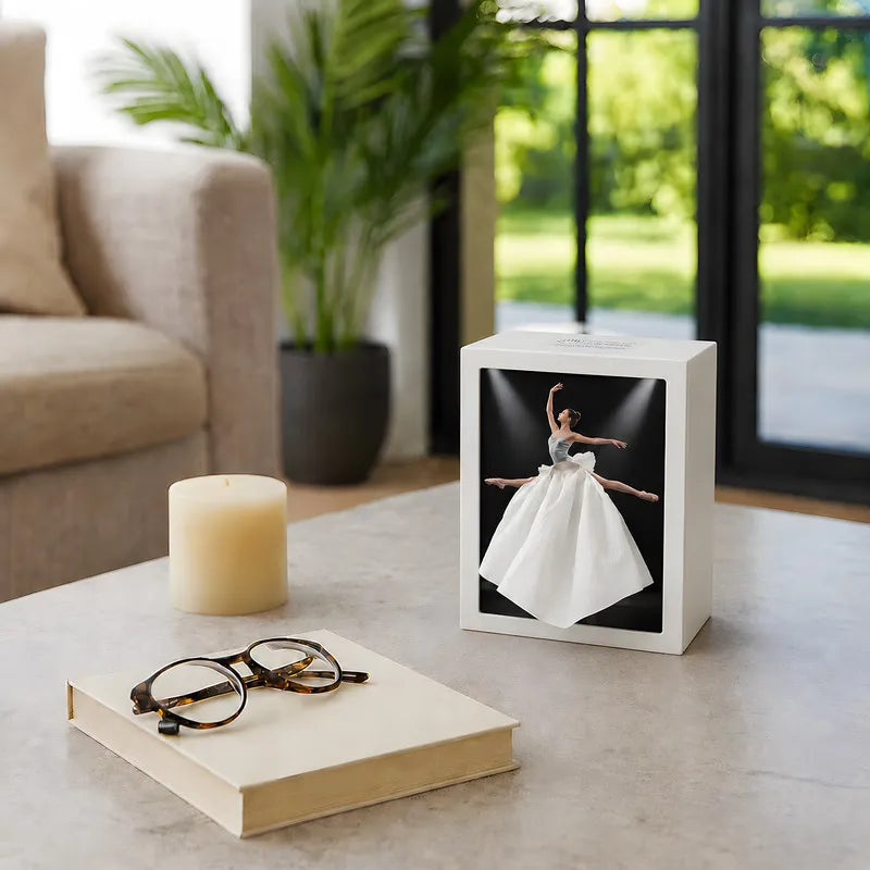 Caja para pañuelos – Blanca, con una elegante ilustración e iluminación ambiental, ideal para el salón o el dormitorio