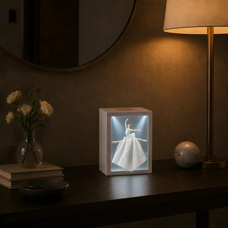 Caja para pañuelos – Blanca, con una elegante ilustración e iluminación ambiental, ideal para el salón o el dormitorio