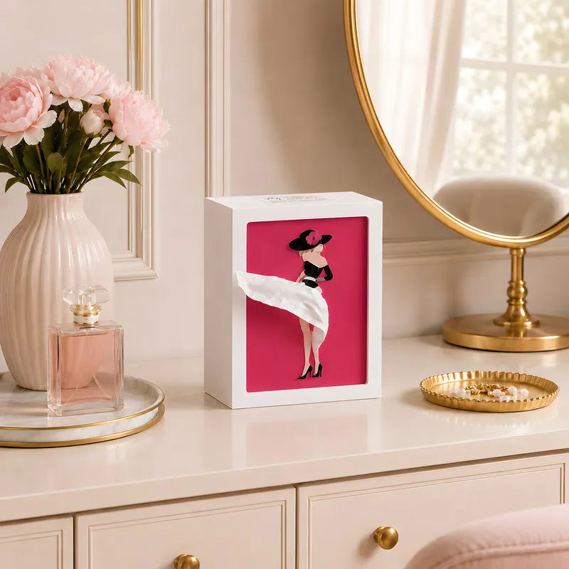 Caja para pañuelos – Blanca, con una elegante ilustración e iluminación ambiental, ideal para el salón o el dormitorio