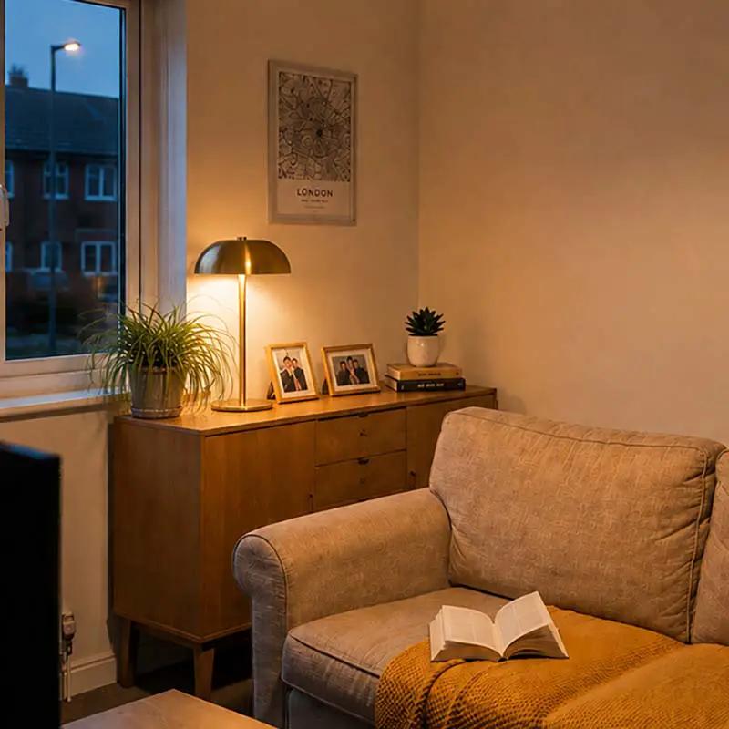 A warm, cozy living room corner featuring a beige armchair with a mustard yellow throw blanket and an open book, next to a wooden sideboard with a lit brass lamp, framed photos, and a potted plant. A framed 'LONDON' art print hangs on the wall above.