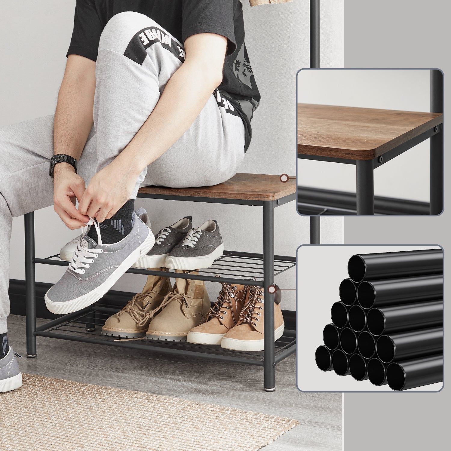 Metal Clothes Rack – Black, simple design with Shoe Shelf and Shelf for hallway or bedroom