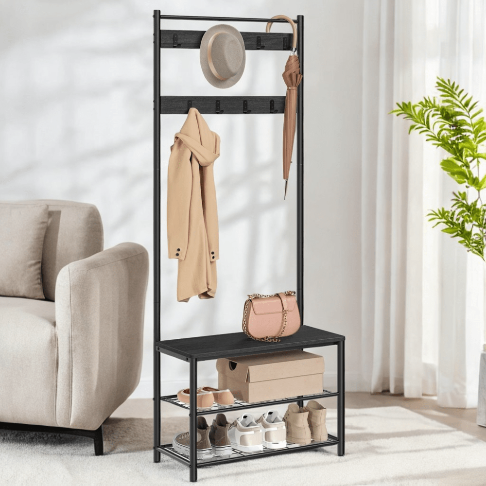 Metal Clothes Rack – Black, simple design with Shoe Shelf and Shelf for hallway or bedroom