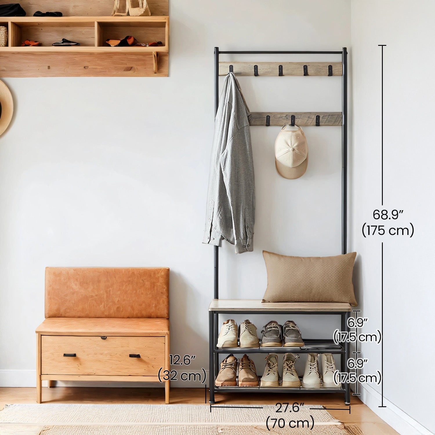 Metal Clothes Rack – Black, simple design with Shoe Shelf and Shelf for hallway or bedroom
