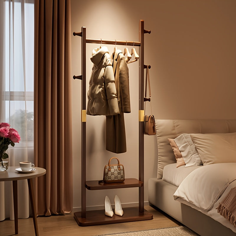 Freestanding Clothes Rack – Metal with Wood Appearance, 5 Shelves and Caps for Hallway or Bedroom