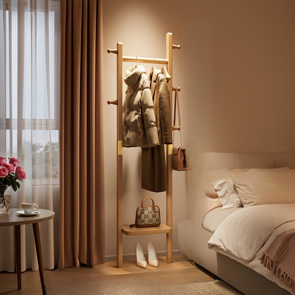 Freestanding Clothes Rack – Metal with Wood Appearance, 5 Shelves and Caps for Hallway or Bedroom