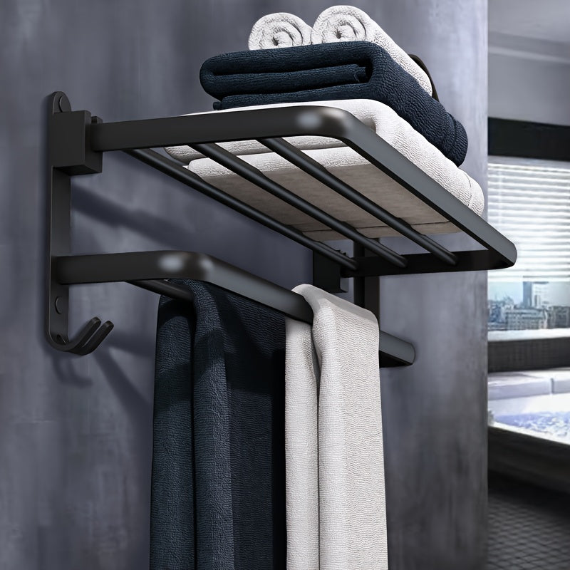Håndklædehouder – Goudkleurig Staal, Modern Design voor Badkamer of Gæstetoilet met Pladsbesparende Hylde en Krogen