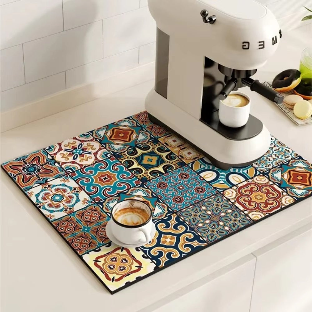 Absorbent Kitchen Mat – Retro Tile Design in Multicolored for Coffee Area or Dishwashing Room