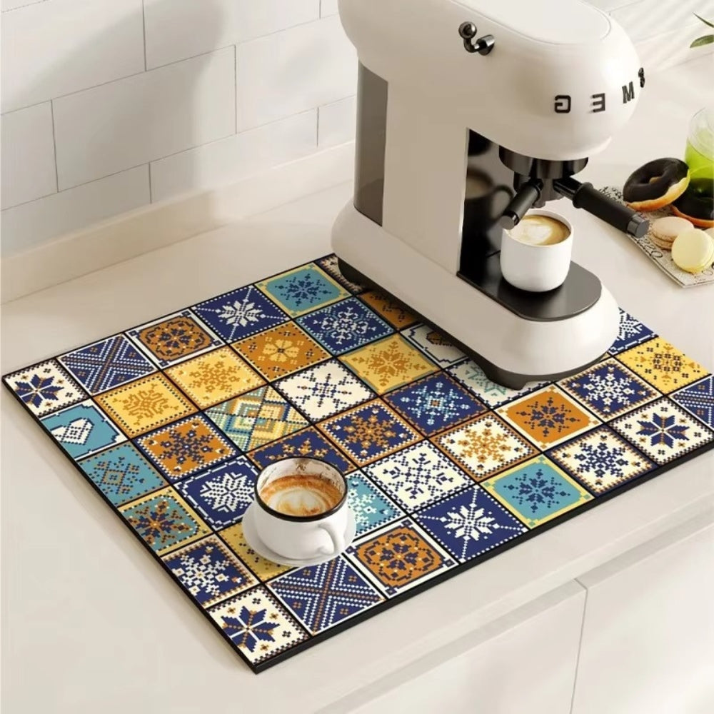 Absorbent Kitchen Mat – Retro Tile Design in Multicolored for Coffee Area or Dishwashing Room