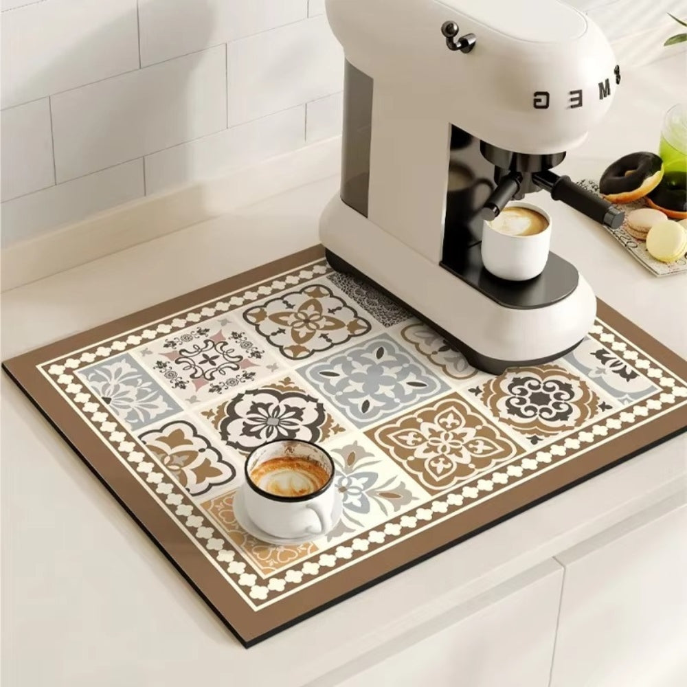 Absorbent Kitchen Mat – Retro Tile Design in Multicolored for Coffee Area or Dishwashing Room
