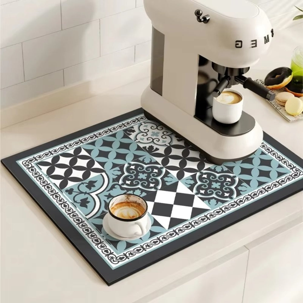 Absorbent Kitchen Mat – Retro Tile Design in Multicolored for Coffee Area or Dishwashing Room