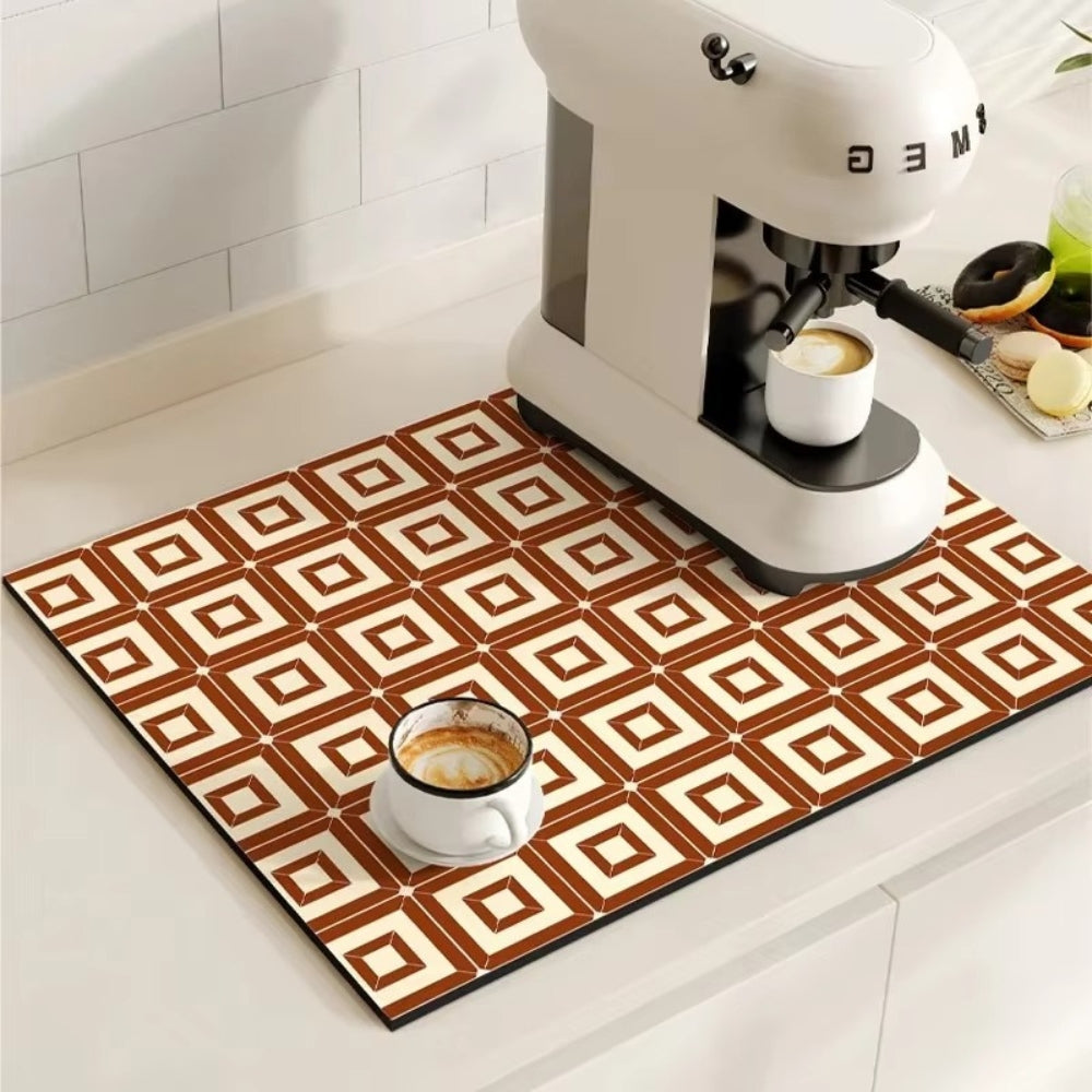 Absorbent Kitchen Mat – Retro Tile Design in Multicolored for Coffee Area or Dishwashing Room