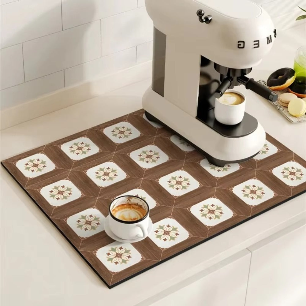 Absorbent Kitchen Mat – Retro Tile Design in Multicolored for Coffee Area or Dishwashing Room