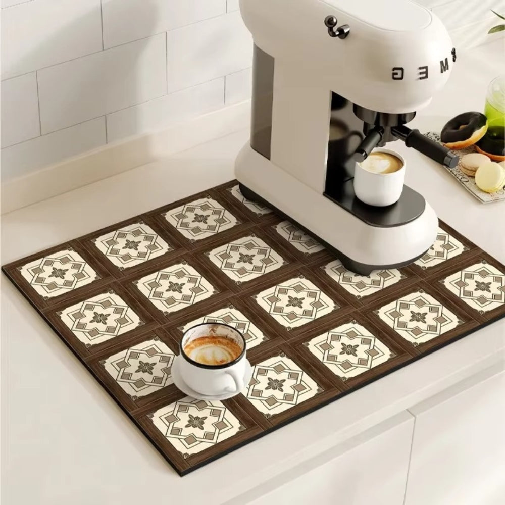 Absorbent Kitchen Mat – Retro Tile Design in Multicolored for Coffee Area or Dishwashing Room