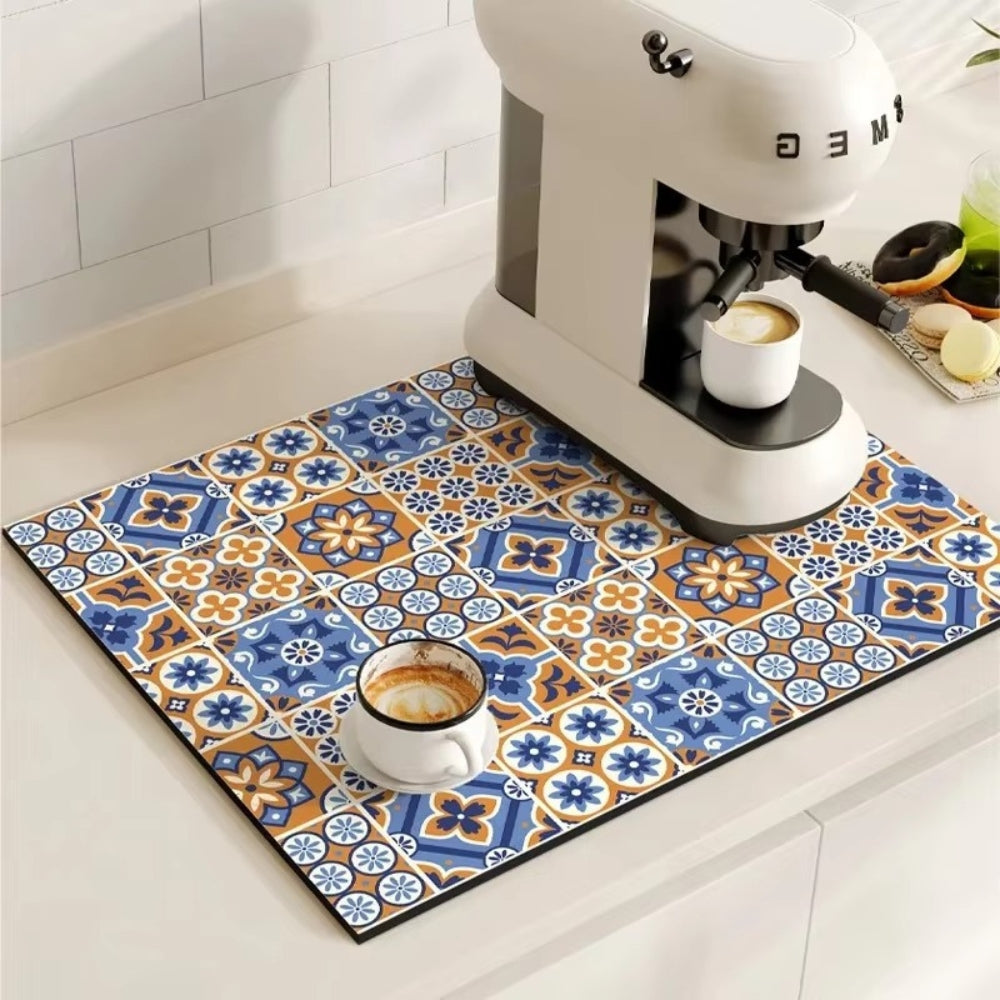 Absorbent Kitchen Mat – Retro Tile Design in Multicolored for Coffee Area or Dishwashing Room