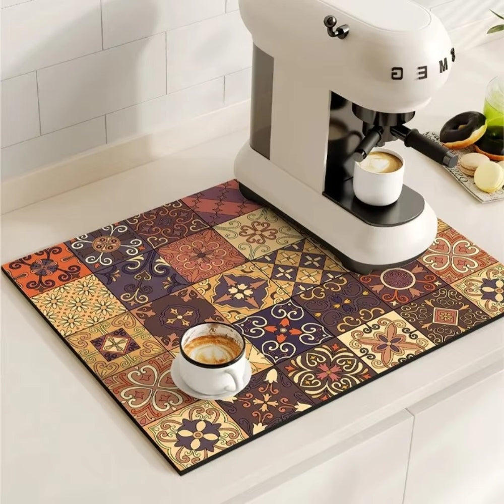 Absorbent Kitchen Mat – Retro Tile Design in Multicolored for Coffee Area or Dishwashing Room